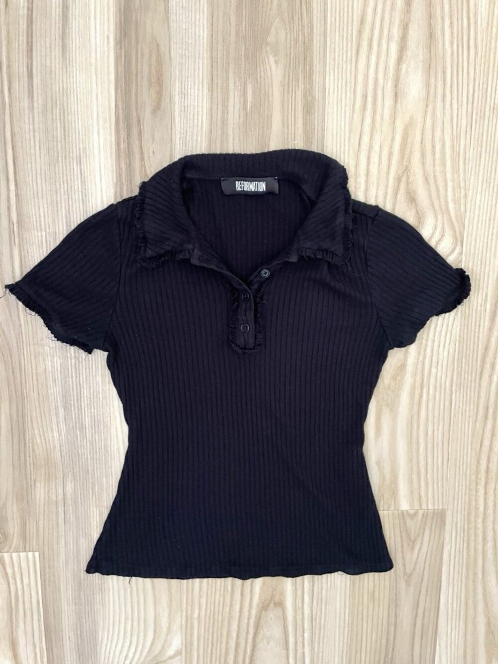 Reformation Ribbed Cropped Collar Distressed Baby Tee Shirt Top Black size XS